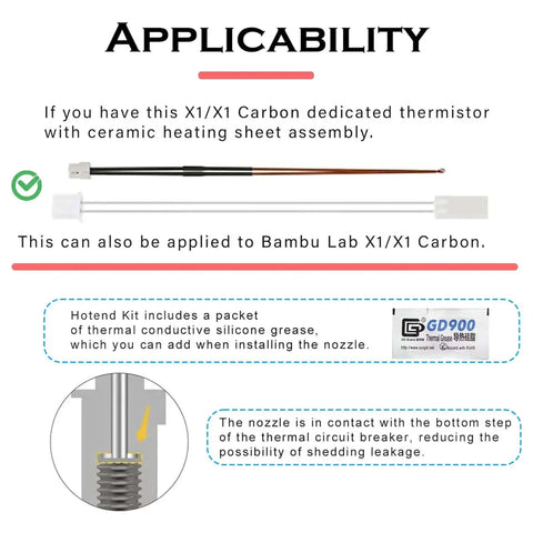 Hotend Upgrade Kit For Bambu Lab P1P P1S Printers compatibility with X1 X1 Carbon thermistor and silicone grease details