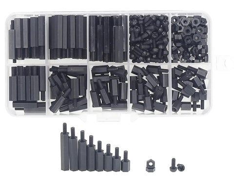 320 Piece M2.5 Nylon Hex Spacer Standoff Kit With Screws And Nuts In Black For DIYers And Makers, assorted sizes in plastic box.