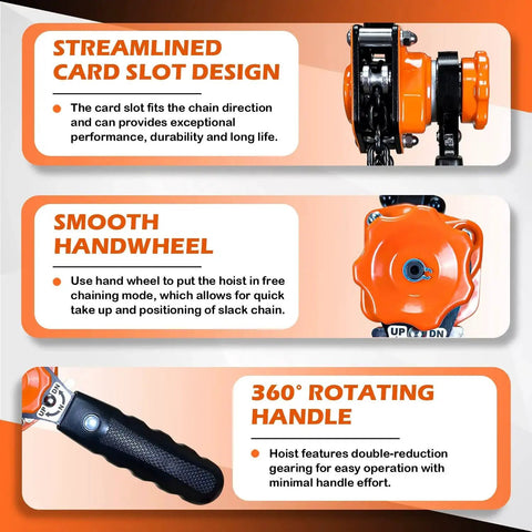 Features of Mini Lever Chain Hoist One Quarter Ton 10 Foot Ratchet Chain Puller With Hooks, highlighted handwheel and handle.