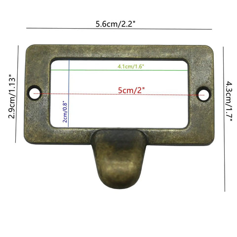 Front view of 20 Pack Antique Bronze Zinc Alloy Label Frame Drawer Pulls for Drawers and Cabinets with customizable dimensions.