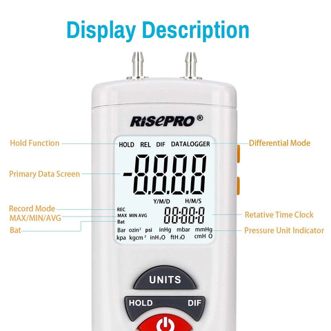 Risepro digital manometer and differential pressure gauge, white handheld HVAC tester with top fittings and LCD.