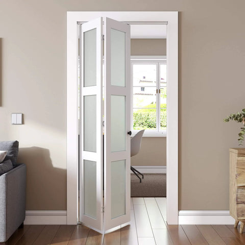 Space-Saving Bifold Door For 30x80 Opening, Tempered Frosted Glass Closet Folding Barn Door With Hardware Kit, installed view