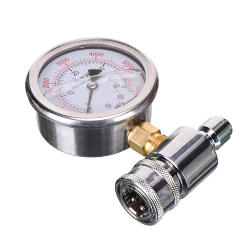 Pressure washer gauge with 3/8 in quick-connect socket and plug, chrome-plated brass fittings