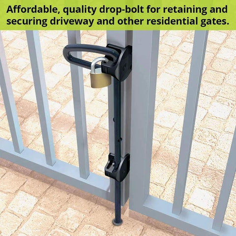 Padlockable Drop Bolt With Padlock Storage For Square Post Metal Gates 24 Inch Length Prevents Dragging And Dropping installed on gate