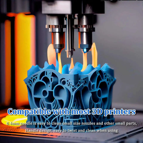 3D printer using stainless steel nozzle cleaning needles set for intricate blue print; compatible with most 3D printers.