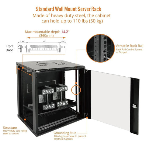 12U Wall Mount Server Cabinet With Lockable Glass Door And Side Panels Space-Saving, open view showing interior dimensions and structure
