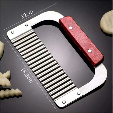 Handheld Crinkle Cutter for Veggies and Potatoes Stainless Steel Wavy Potato Chopper Knife with red handle and dimensions