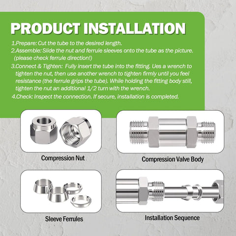 Goldpea 304 stainless steel compression check valve, 3/8 in OD, includes nuts, ferrules, valve body; installation guide.