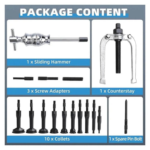 Package contents of 16 Piece Inner Bearing Puller Set For Auto Wheel Bearings, showing pullers, adapters, hammer, collets, and bolt.