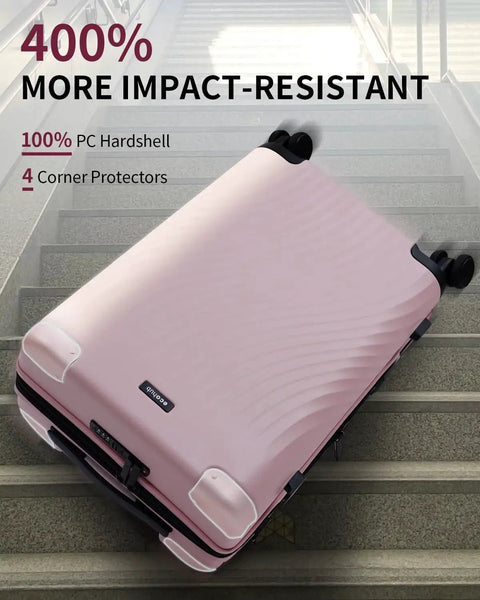 Expandable Hardside Carry-On Luggage from ECOHUB, recycled pink polycarbonate suitcase with corner protectors, lying on stairs