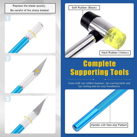 Close-up of tools from 55 Piece Hollow Punch Cutter Kit With 52 Shape Options, featuring a rubber hammer and carving knife with replacement blades.
