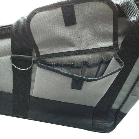 Side view of Heavy Duty Framer Nail Gun Tool Bag With Extra Pockets, 22 Inch Long By 16 Inch Wide By 8 Inch Tall, built from rugged 600D polyester.