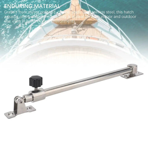 Adjustable boat hatch window adjuster rod, marine-grade stainless steel with sliding locking knob and mounting brackets.