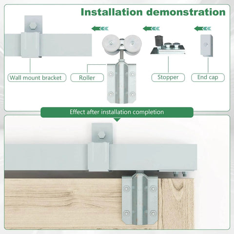 Installation demonstration of Rugged Galvanized Steel Exterior Double Sliding Barn Door Hardware Kit For Outdoor Use, Heavy Duty Wall Mount Box Track System With 330 Lbs Max Load To Hang Two Doors, Fits 39 Inch By 2 Doors. Includes wall mount bracket, roller, stopper, end cap.