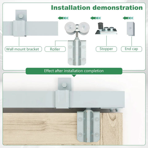 Installation steps of Exterior Sliding Barn Door Hardware Kit With 12 Ft Galvanized Steel Box Track for 72-inch doors.