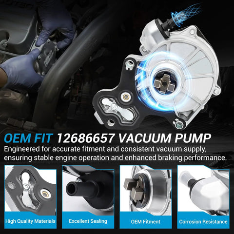 Brake booster vacuum pump, 12686657, for GM vehicles; silver housing with black mounting bracket