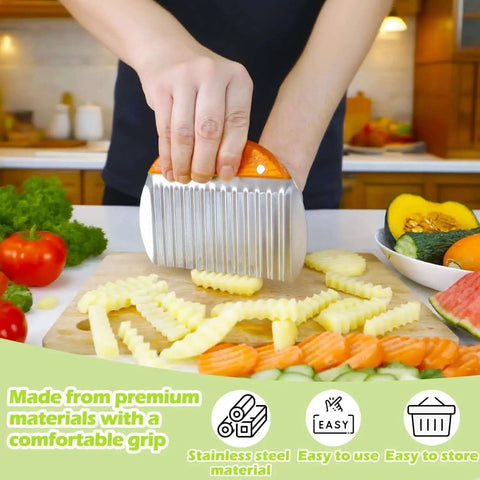 Person using Large Crinkle Cutter Wavy Slicer For Potatoes And Fries, Stainless Steel French Fry Cutter, on vegetables