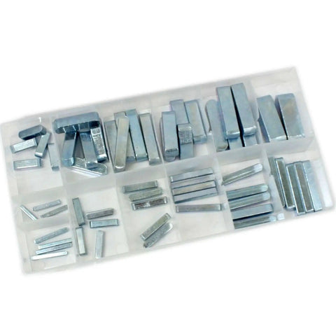 60 Pc Keystock Bar Assortment Kit SAE Square Key Stock And Keyway Set In Stainless Steel in a clear plastic organizer