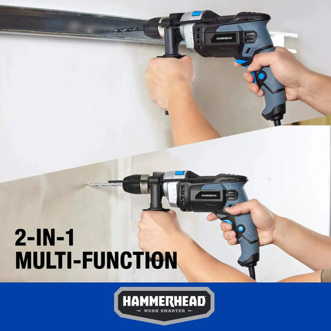 Powerful 7.5 Amp Variable Speed Hammer Drill With One Half Inch Keyless Chuck And 6 Bit Set From Hammerhead in use