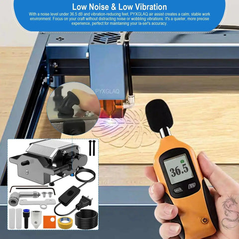 Air Assist System For Laser Cutter And Engraver, 30 LPM Airflow, lens protection, compatible with D1 and D1 Pro lasers shown