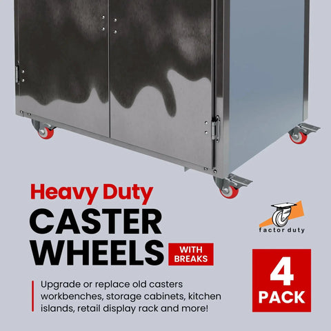 4 pack heavy duty caster wheels with breaks, ideal for workbenches and storage cabinets, featuring red polyurethane swivel casters.