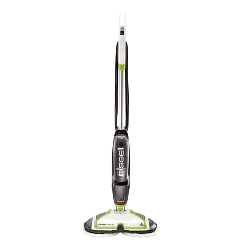 Bissell SpinWave floor mop with green accents and dual rotating pad heads.