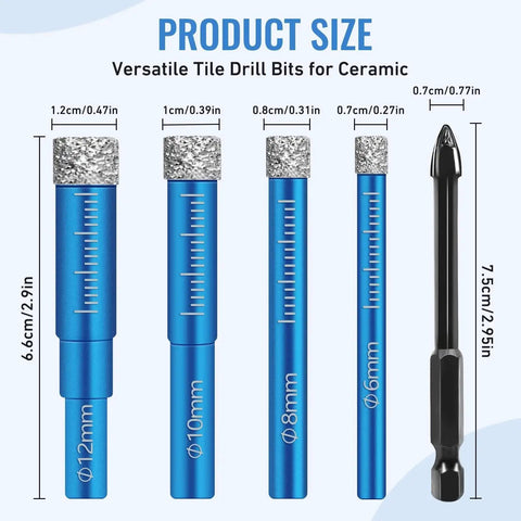Image shows a 6 Piece Diamond Drill Bit Set For Porcelain Ceramic Glass And Tile With Cooling Wax For Smooth Precise Drilling Diamond Core Bits For Marble Granite And Delicate Surfaces, featuring blue diamond grit core bits in varying sizes.