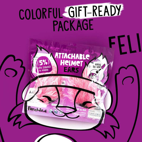 Colorful package of Lynx Themed Helmet Ears Accessory Kit with sticky hook and loop fastener, fluffy pink bunny ears visible.