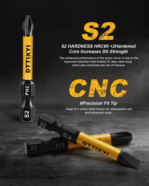 Magnetic Screwdriver Bits Set For Impact Driver And Power Drill, 10-Piece S2 Tool Steel With 1 Quarter Inch Hex Shank, showcasing CNC tip