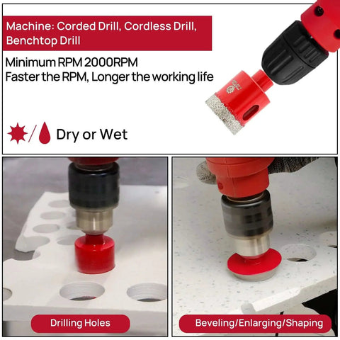 Diamond Core Drill Bits Set For Porcelain Tile Ceramic Granite Marble, 10 Piece Hole Saw Kit With 6mm 8mm 10mm 20mm 25mm 28mm 32mm 35mm 50mm Bits And 35mm Beveling Chamfer Bit, Triangle Shank By FOCSTOL shown drilling and beveling surfaces.