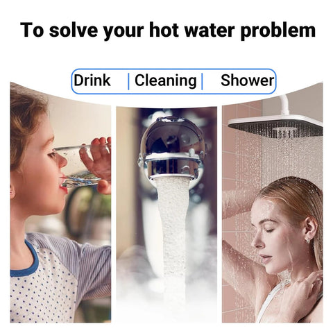 Bizhala universal thermopile generator for hot water - collage of drinking water, showerhead, and a person showering.