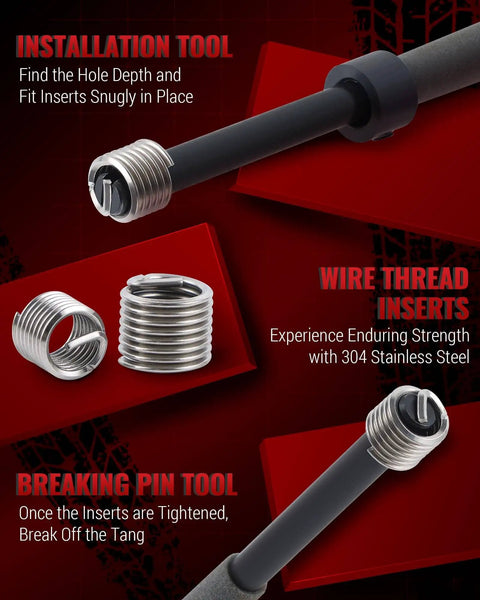 Heavy Duty SAE Helicoil Thread Repair Kit with HSS Drill Bits and Taps including wire thread inserts, installation, and breaking tools.