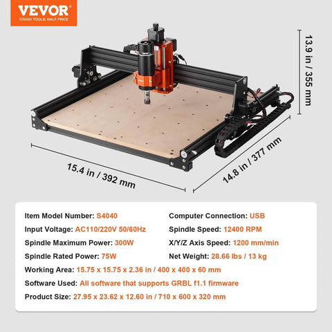 Beefy 300W 3 Axis CNC Router Engraving Machine Kit with GRBL Control, showing 400x400 mm working area, for wood and plastic use