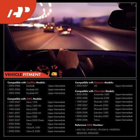 Interior view of a vehicle dashboard with a list of compatible GM truck models for Upper Intermediate Steering Shaft 1999-2007.