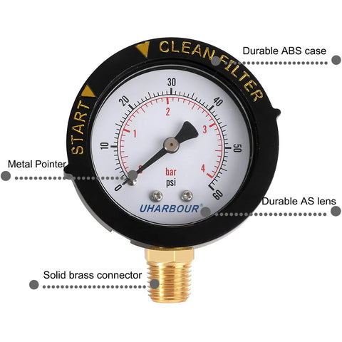 UHARBOUR pool filter pressure gauge, 60 psi, bottom-mount 1/4" NPT, brass connector, ABS case