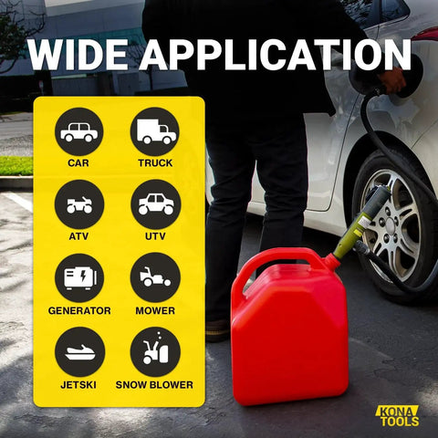 Portable Fuel Transfer Pump With Rubber Hose Battery Or USB C Powered Heavy Duty 4.3 Foot Hose Safety Nozzle Quick Transfer Of Gas Diesel DEF And Water For 3 To 20 Gallon Barrels Perfect For Home Garages And On The Go Jobs being used to refuel a car with applications listed.