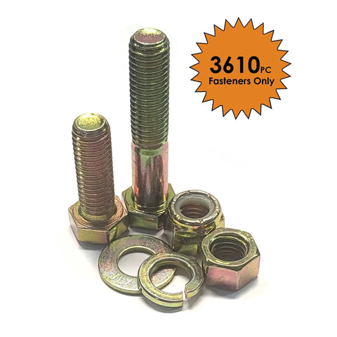 Beefy Hardware Assortment Kit With 3,610 Pieces Grade 8 Coarse Thread Fasteners in Yellow Zinc Finish, various sizes shown
