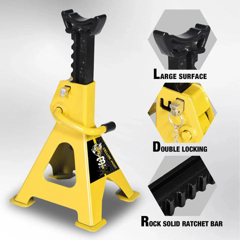 3 Ton Heavy Duty Car Jack Stands With Double Locking And Large Foot Base For SUVs shown in yellow with ratchet bar