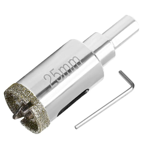 One Inch Diamond Hole Saw With Pilot Drill Bit For Glass Tile Marble Granite Porcelain Quartz Fiberglass Ceramic Cuts Clean Holes In Bathrooms And Kitchens With Heavy Duty 1.57 Inch Cutting Depth And 25mm Diameter Triangular Shank showing side view