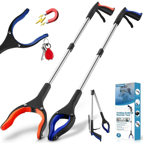 34 Inch Folding Grabber Reacher Tool Set, 2 Pack With 360 Degree Rotating Jaw And Magnets, 4 Inch Wide Claw Opening