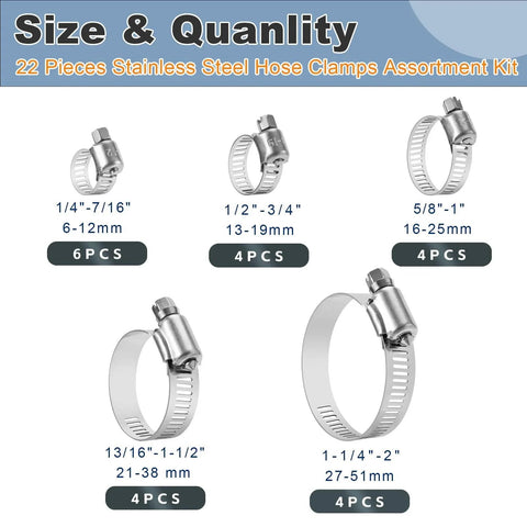 22 Piece Premium Stainless Steel Hose Clamp Assortment Kit For Plumbing And Automotive Use Worm Gear Clamps One Quarter To Two Inches Six To Fifty One Millimeters Versatile Small To Medium Sized Clamps For Home Workshop And Industrial Repairs displayed with size labels.