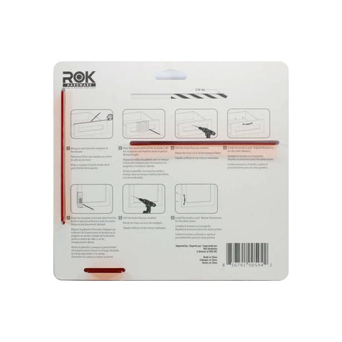 Back view of DIY Friendly No-Fuss All In One Cabinet Door And Drawer Drill Mounting Template package showing instructions.