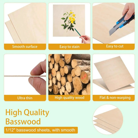 Collage of high-quality 1/12 inch basswood sheets, easy to stain and cut, with smooth surface, ideal for crafting and engraving.