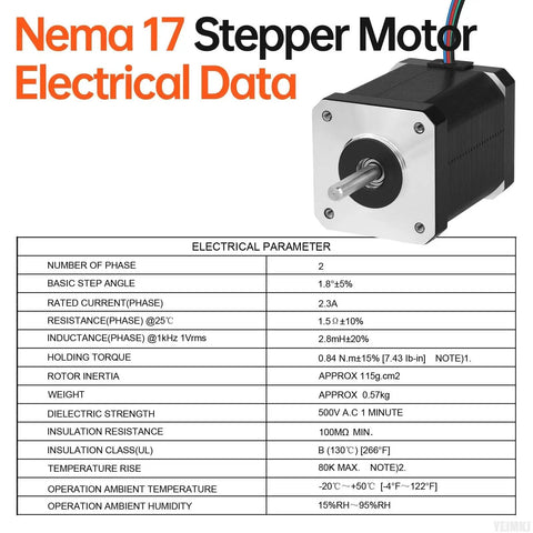5Pack Nema 17 Stepper Motors 2 Phase 1.8 Degree High Torque Bipolar 60mm Frame with electrical data table