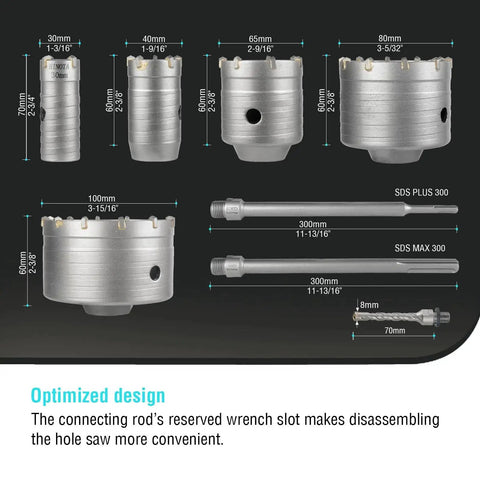 9 Piece Concrete Hole Saw Kit For Rotary Hammer With SDS Plus And SDS Max Shanks Heavy Duty Core Bit Set 30 40 65 80 100 Includes Connecting Rods Center Drills And Spring Pads For Concrete Brick Stone Masonry, showing individual hole saws and rods