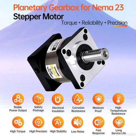 Beefy 50 To 1 Planetary Gearbox For Nema 23 Stepper, showcasing front view with 21mm input shaft and robustness icons.