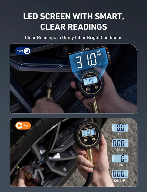 AstroAI Tire Pressure Gauge for Cars with backlit LED, solid brass body and rubber hose; air bleeder, 3–250 PSI, shown in night and day views