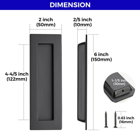 Two Pack Pocket Door Handles 5.9 Inch Rectangular Recessed Pulls For Sliding Closet And Barn Doors Black Flush Finger Pulls Stainless Steel 304 Solid Metal Durable Hardware With Smooth Operation dimensions view