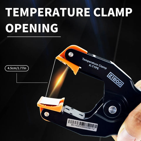 ZIBOO K-Type temperature clamp, black body with orange jaws, 4.5 cm opening for HVAC/multimeter use