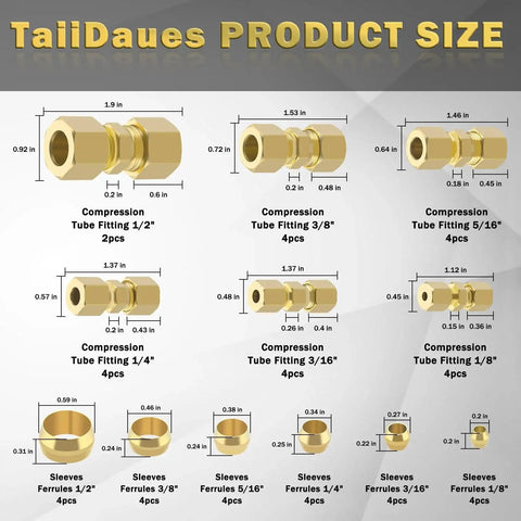 Size chart for Brass Compression Tube Fittings Kit 46 Piece Set for DIY Plumbing Projects showing various fittings and ferrules.